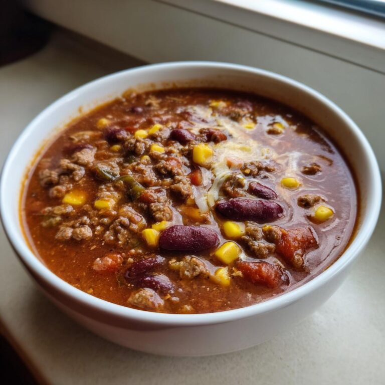 Nahaufnahme einer dampfenden Schüssel Taco-Suppe mit Hackfleisch, Kidneybohnen, Mais und geschmolzenem Käse.