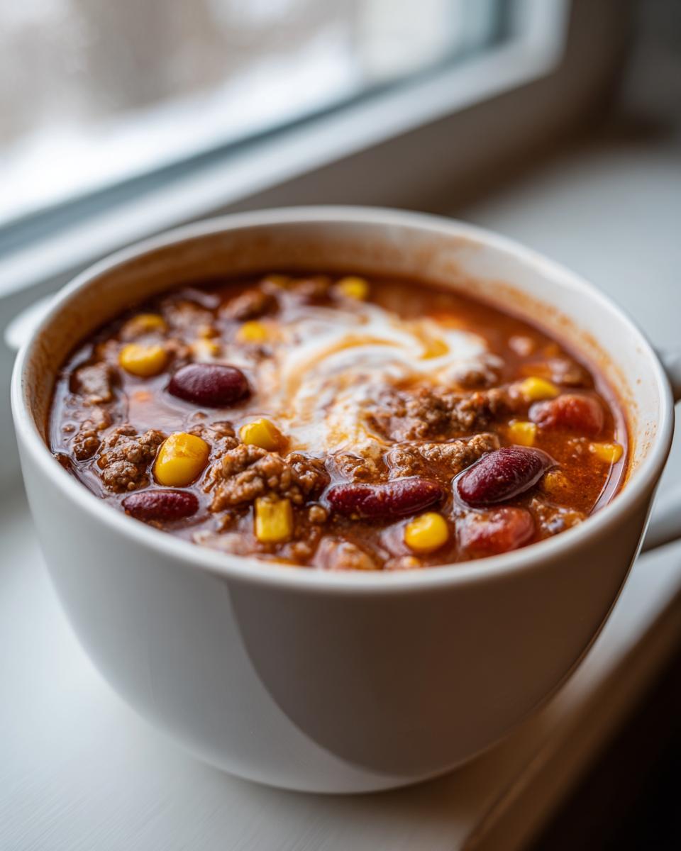 Eine Nahaufnahme einer dampfenden Schüssel Taco-Suppe mit Hackfleisch, Kidneybohnen, Mais und einem Klecks saurer Sahne.
