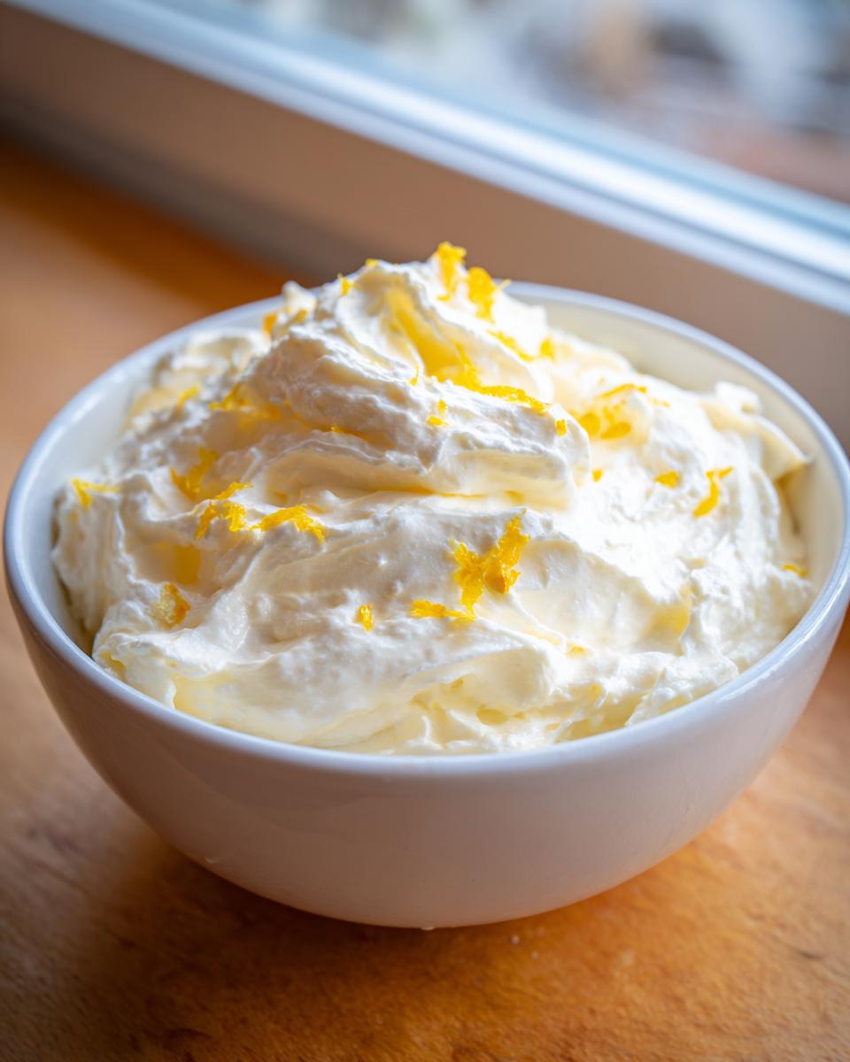 Nahaufnahme einer fluffigen, weißen ZAUBERCREME, garniert mit leuchtend gelbem Zitronenabrieb in einer weißen Schüssel.