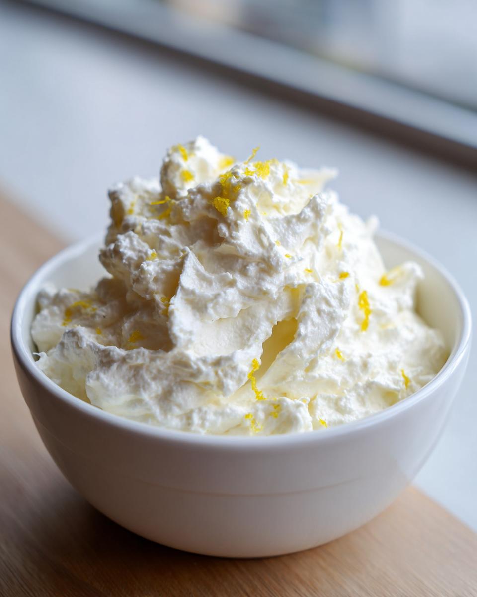 Nahaufnahme der fertigen ZAUBERCREME, eine fluffige weiße Creme, bestreut mit gelbem Zitronenabrieb, in einer weißen Schale.