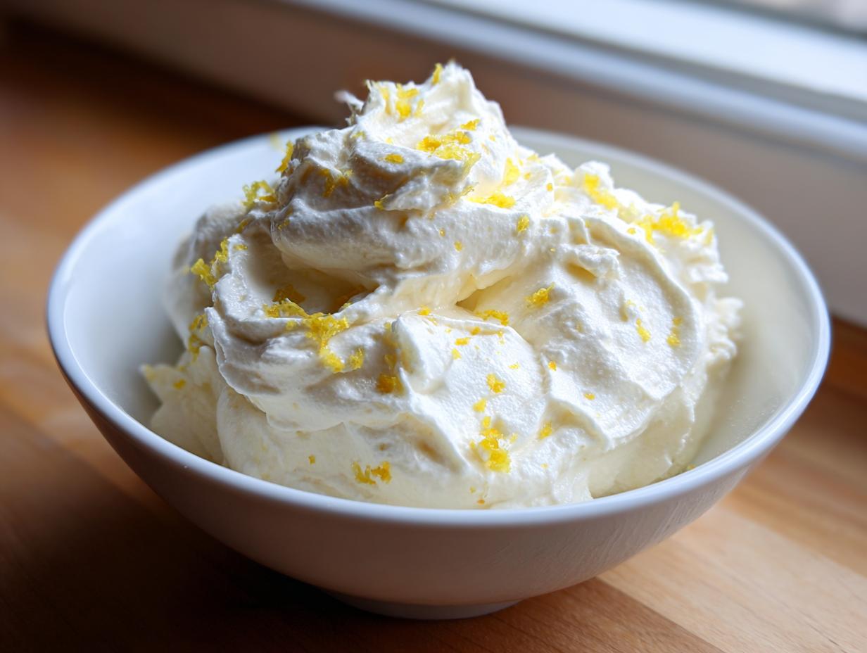 Nahaufnahme der fertigen, luftigen ZAUBERCREME, garniert mit gelbem Zitronenabrieb in einer weißen Schale.