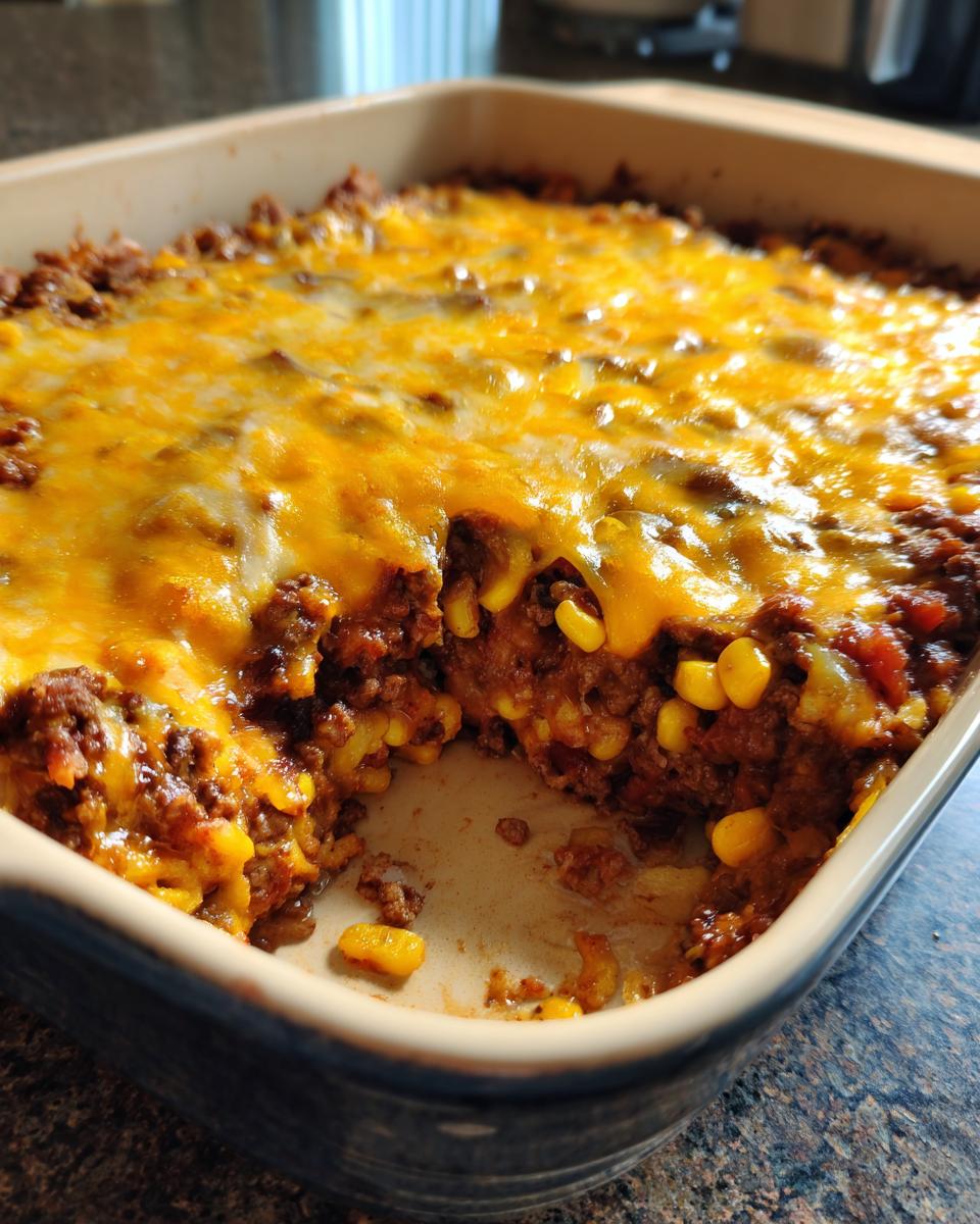 Nahaufnahme eines frisch gebackenen Cowboy-Auflauf Rezept mit Hackfleisch, Mais und einer dicken Schicht geschmolzenem Cheddar-Käse.