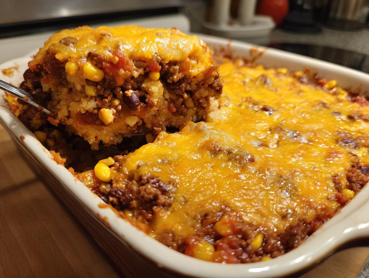 Eine Portion des fertigen Cowboy-Auflauf Rezept wird mit einer Gabel aus der Auflaufform gehoben, bedeckt mit geschmolzenem Cheddar-Käse.