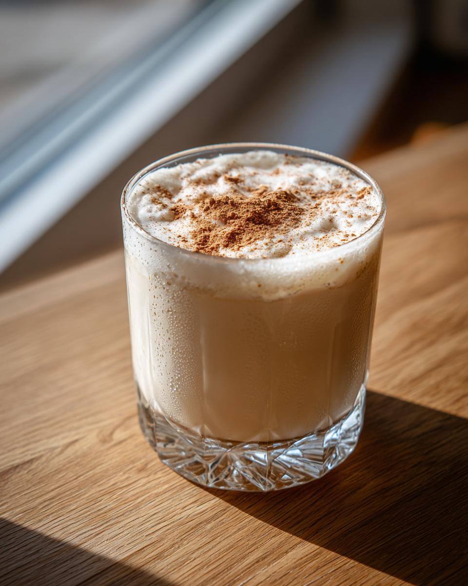 Ein Glas fertiger Engelchen-Likör mit cremiger Schaumkrone, bestreut mit Zimt, auf einem Holztisch.