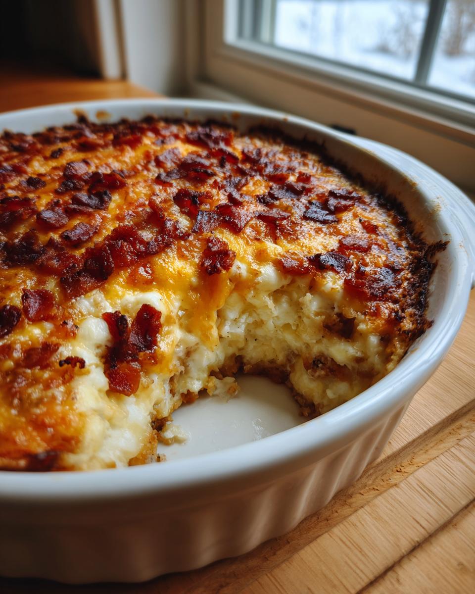 Nahaufnahme des gebackenen Low Carb Cheeseburger-Auflauf in einer weißen Auflaufform mit goldbrauner Käse- und Speckkruste.