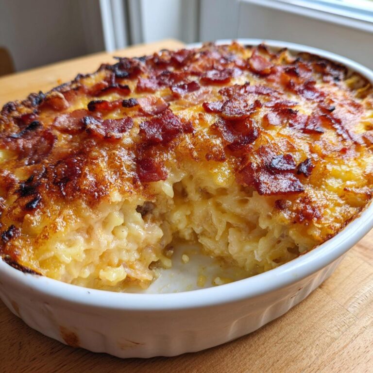 Nahaufnahme eines gebackenen Low Carb Cheeseburger-Auflauf mit goldbrauner Käsekruste und knusprigem Speck.