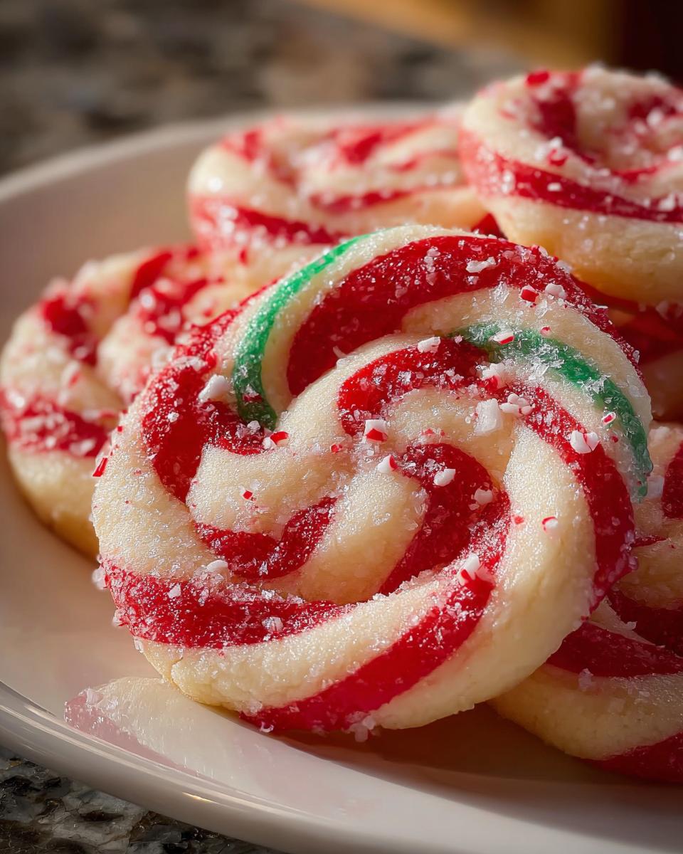 Nahaufnahme von Festliche Zuckerstangen-Kekse mit roten und weißen Wirbeln, bestreut mit Zucker.