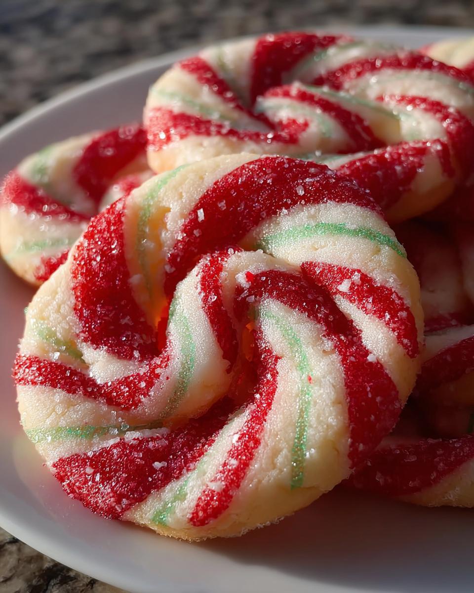 Nahaufnahme von Festliche Zuckerstangen-Kekse mit roten, grünen und weißen Streifen, bestreut mit grobem Zucker.