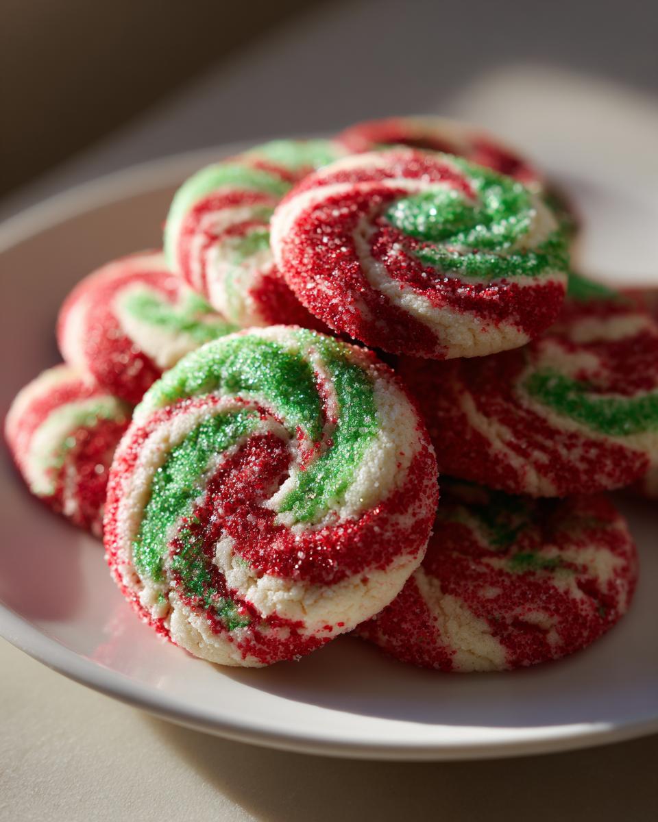 Nahaufnahme von gestapelten Festliche Zuckerstangen-Kekse mit roten und grünen Zuckerstreuseln auf einem weißen Teller.