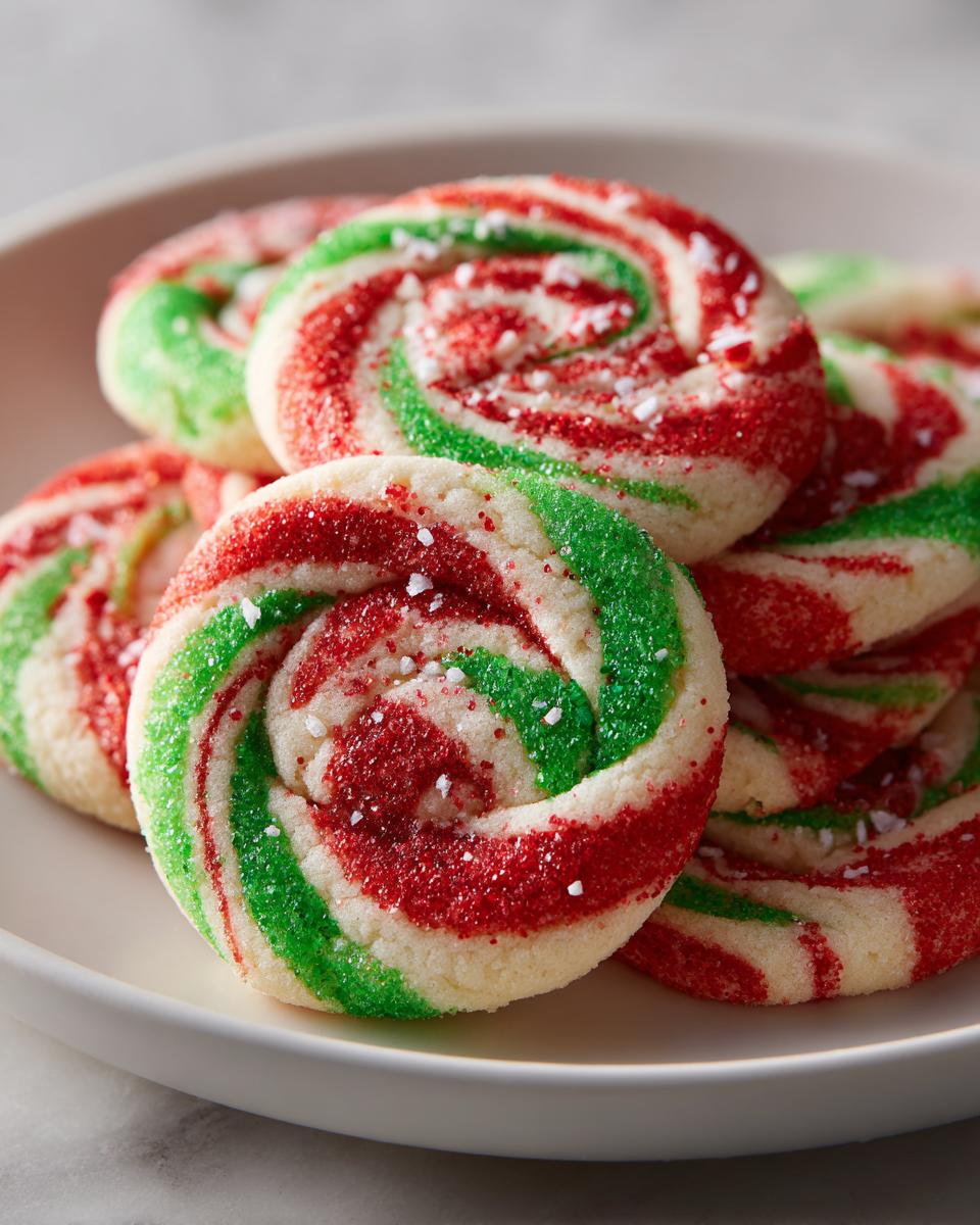 Nahaufnahme von gestapelten Festliche Zuckerstangen-Kekse mit roten und grünen Wirbeln und Zuckerkristallen.