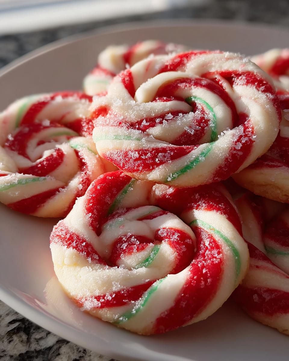 Nahaufnahme von Festliche Zuckerstangen-Kekse mit roten, weißen und grünen Streifen, bestreut mit grobem Zucker.