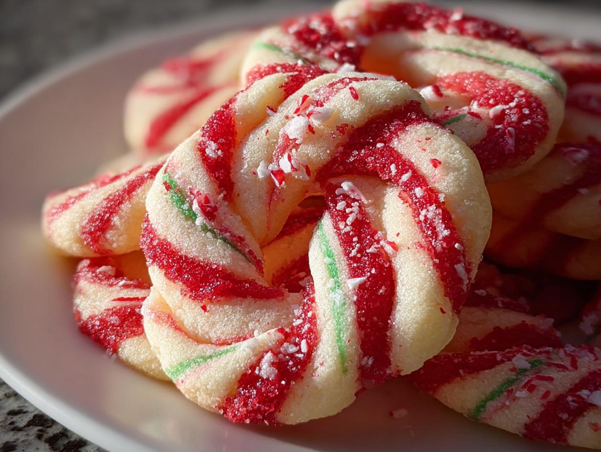 Nahaufnahme von gestapelten Festliche Zuckerstangen-Kekse mit roten und grünen Streifen und Zuckerkristallen.