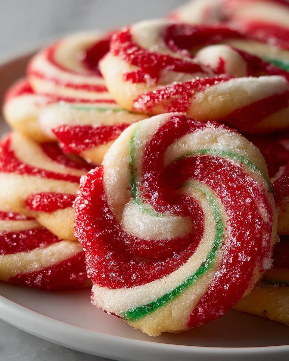Nahaufnahme von gestapelten Festliche Zuckerstangen-Kekse mit roten, weißen und grünen Wirbeln, bestreut mit Kristallzucker.