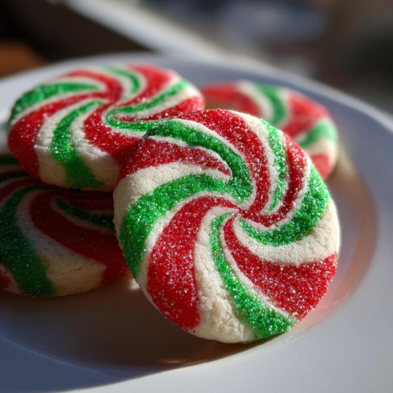 Nahaufnahme von vier Festliche Zuckerstangen-Kekse mit roten, grünen und weißen Wirbeln, bestreut mit Glitzerzucker.