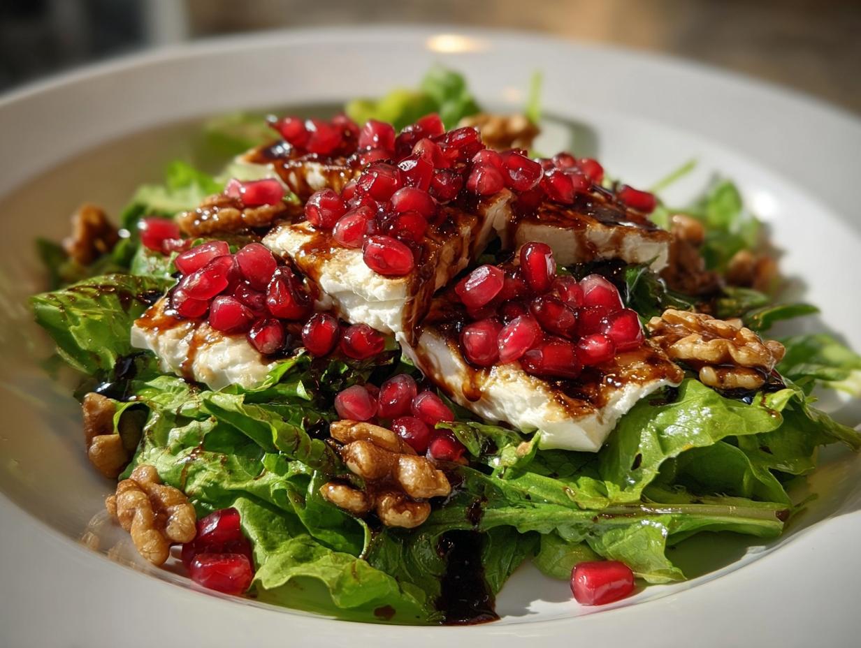 Nahaufnahme eines festlichen Weihnachts-Salat mit grünem Salat, Ziegenkäse, Granatapfelkernen und Walnüssen.