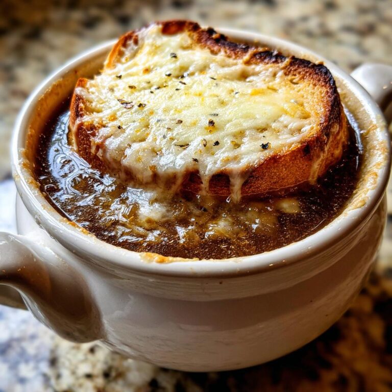 Nahaufnahme einer Schüssel Feurige Zwiebelsuppe mit einer dicken Scheibe Brot und geschmolzenem Käse.