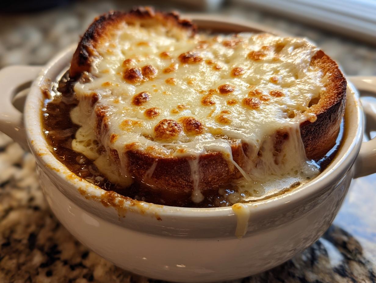 Nahaufnahme einer Schale Feurige Zwiebelsuppe, bedeckt mit einer dicken Scheibe getoastetem Brot und geschmolzenem, goldbraunem Käse.