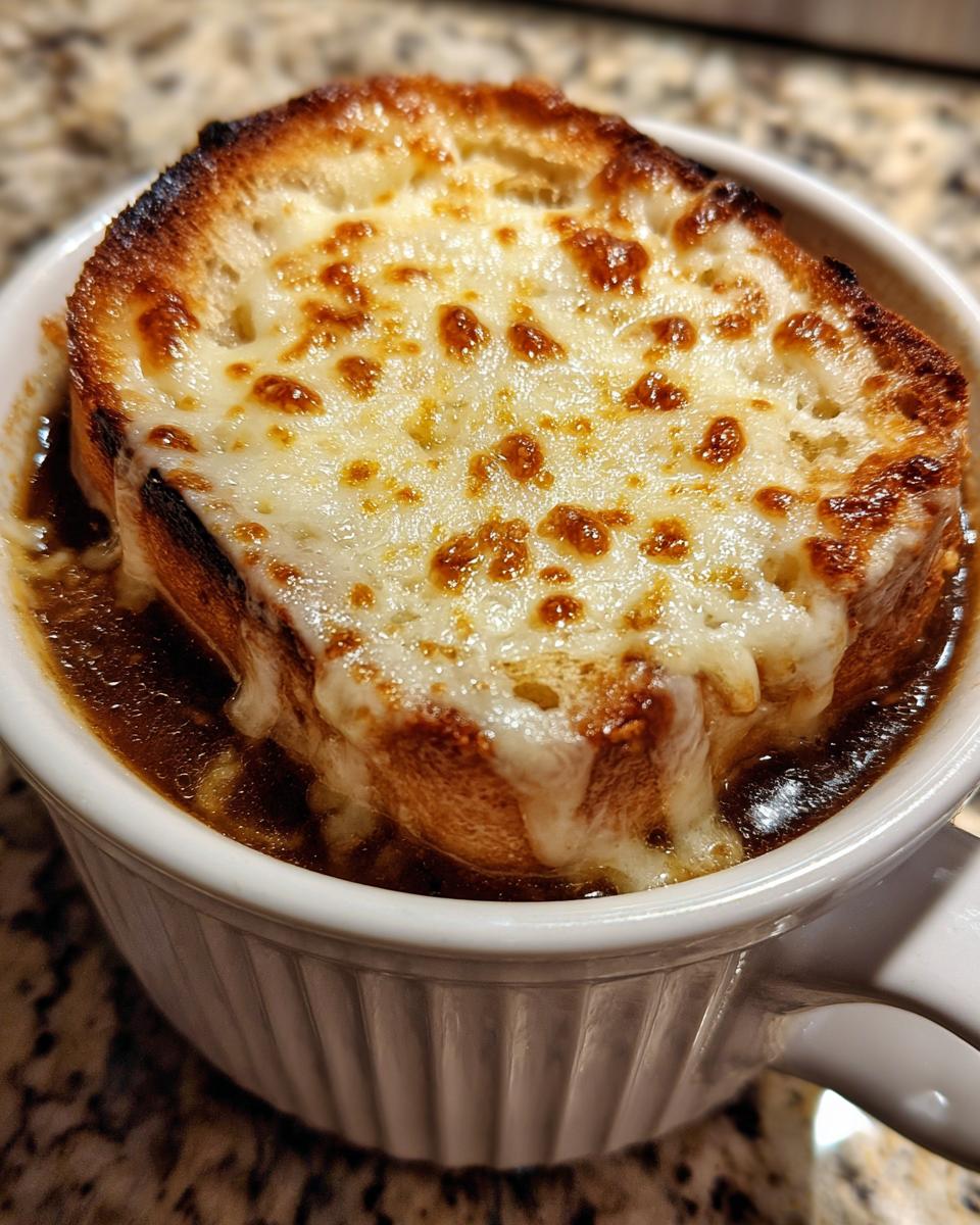 Nahaufnahme einer Schüssel mit Feurige Zwiebelsuppe, bedeckt mit geröstetem Brot und geschmolzenem, goldbraunem Käse.