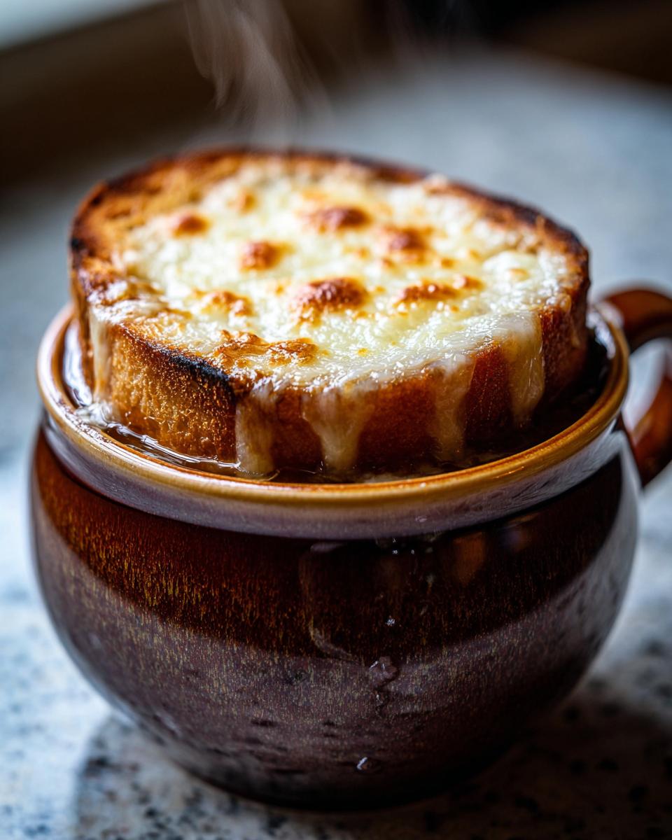 Dampfende Feurige Zwiebelsuppe in einer braunen Keramikschale, bedeckt mit geröstetem Brot und geschmolzenem Käse.