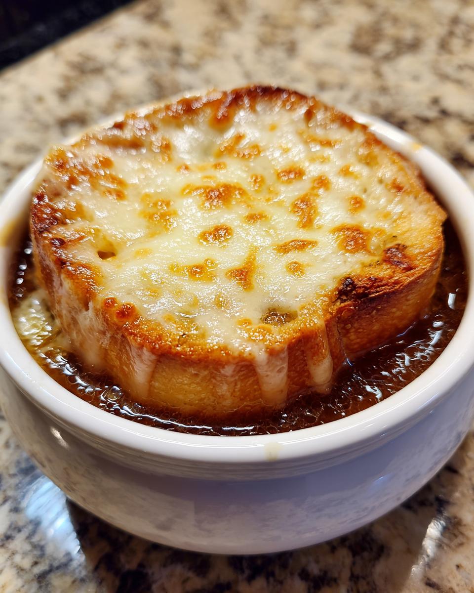 Nahaufnahme einer Schale mit Feurige Zwiebelsuppe, bedeckt mit geröstetem Brot und geschmolzenem, goldbraunem Käse.