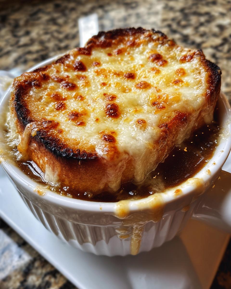 Nahaufnahme einer Schüssel Feurige Zwiebelsuppe mit einer dicken Scheibe Brot und geschmolzenem, goldbraun gebackenem Käse.