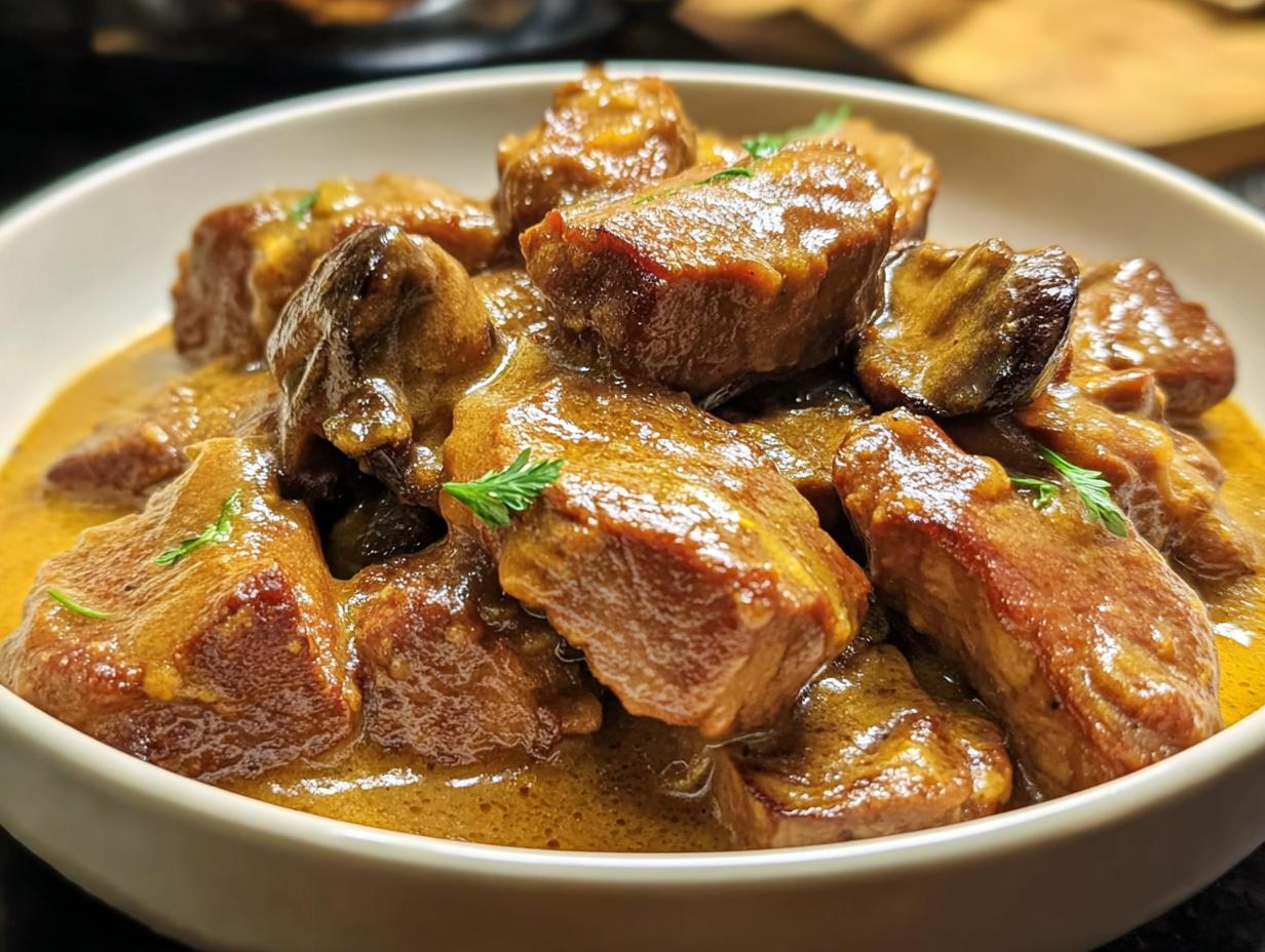 Nahaufnahme von herzhaftem Filettopf mit Fleischstücken in cremiger Soße und Pilzen.