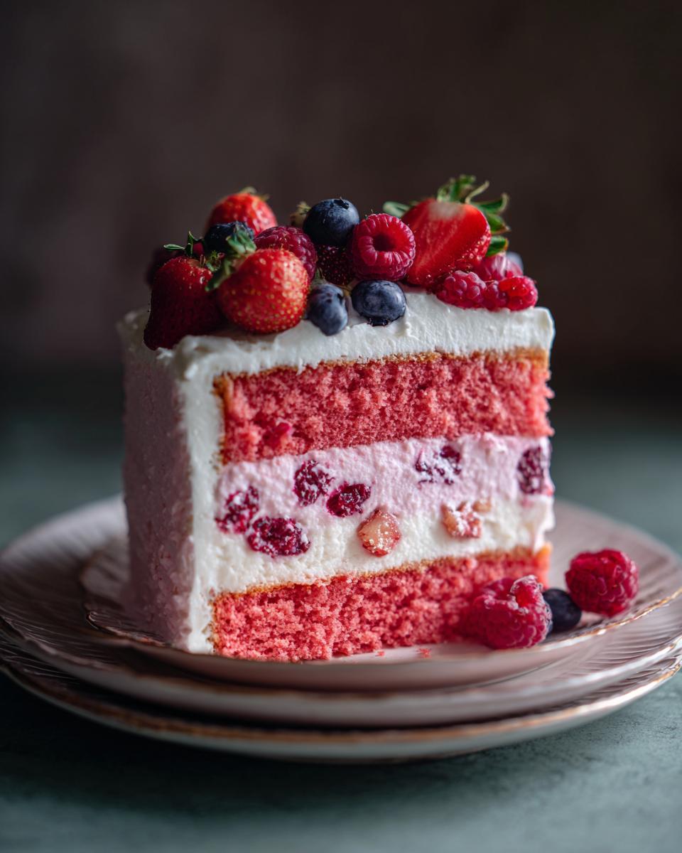 Nahaufnahme einer Scheibe der rosa Flamingo-Torte mit drei Schichten Biskuit, Creme und frischen Beeren obenauf.