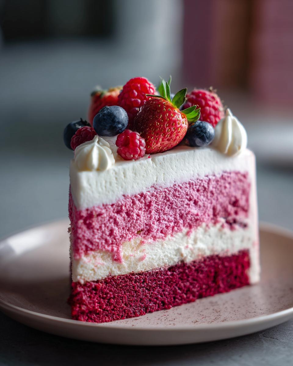 Nahaufnahme eines Stücks Flamingo-Torte mit roten Schichten, weißer Creme und frischen Beeren als Topping.