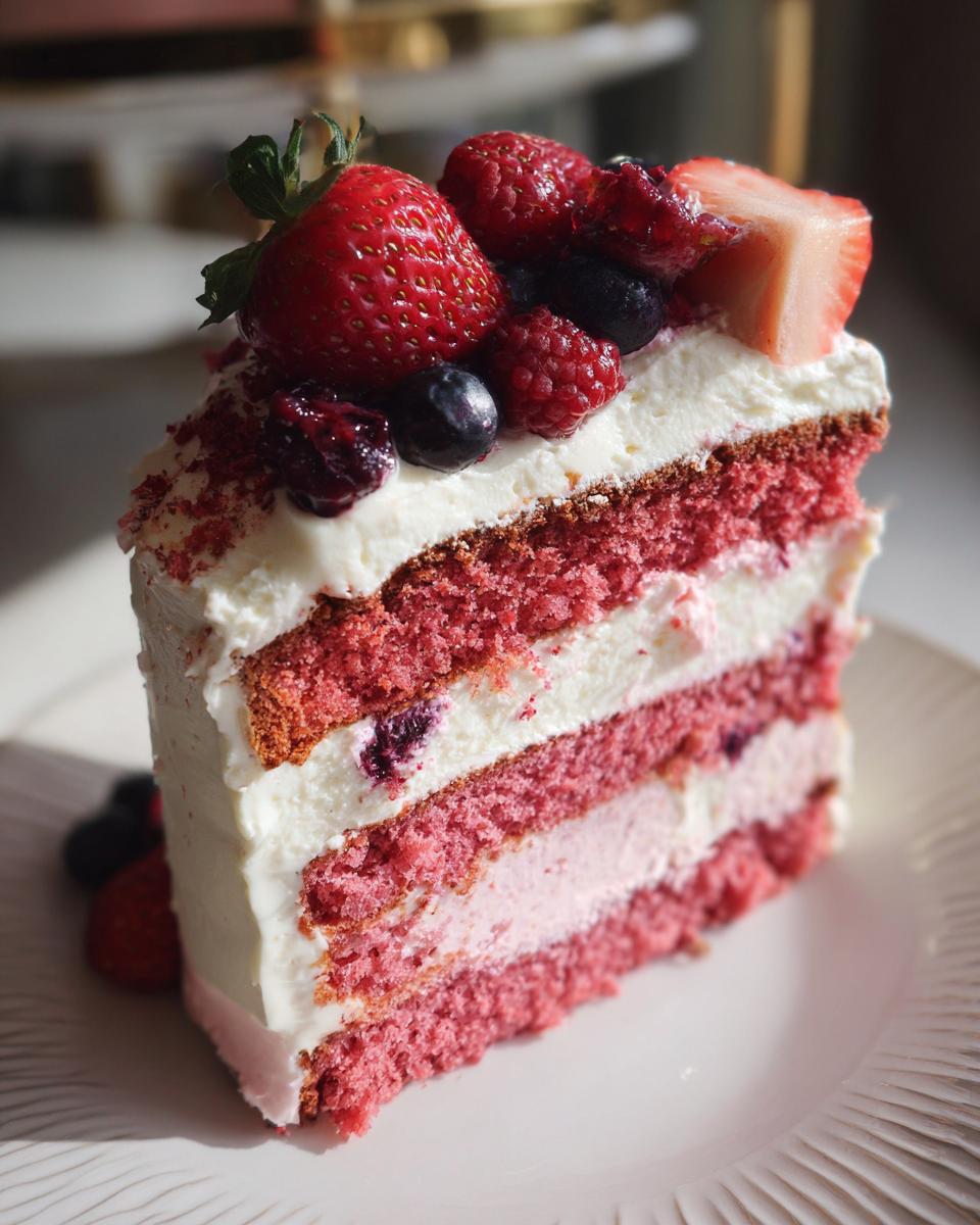 Nahaufnahme eines Stücks leuchtend rosa Flamingo-Torte mit weißen Cremeschichten und frischen Beeren obenauf.