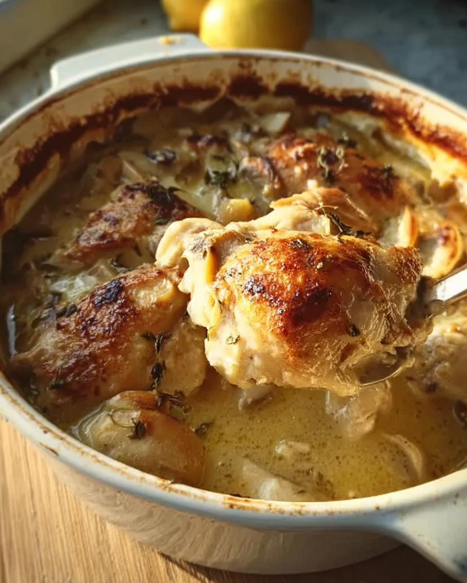 Ein Löffel mit knusprigem Hähnchenstück aus dem cremigen Französischer Hühnerauflauf à la Normande.