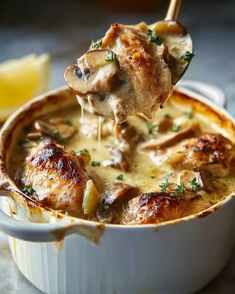 Ein Löffel nimmt ein Stück Huhn und Pilze aus dem Französischer Hühnerauflauf à la Normande in einer weißen Auflaufform.