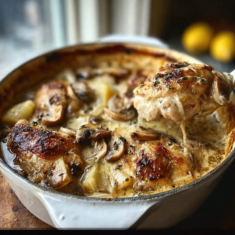 Ein Löffel nimmt ein Stück saftiges Hähnchen aus dem Französischer Hühnerauflauf à la Normande in einer cremigen Pilzsauce.