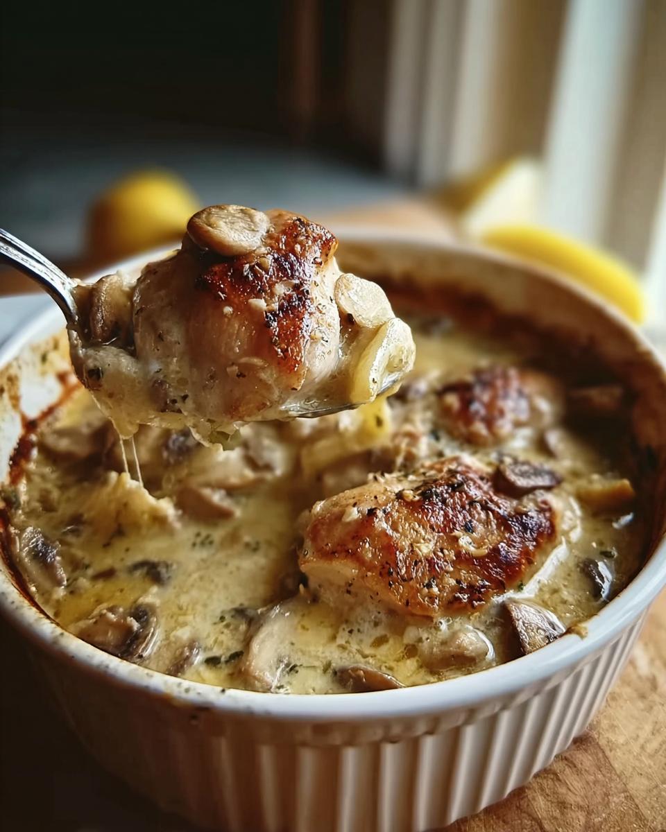 A spoonful of creamy Französischer Hühnerauflauf à la Normande featuring browned chicken and mushrooms being lifted from a white baking dish.