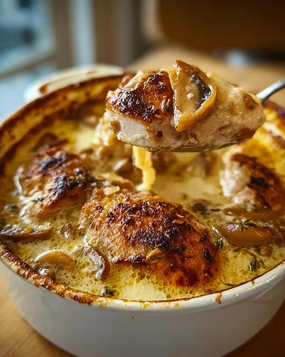 Ein Löffel mit cremigem Französischer Hühnerauflauf à la Normande wird aus der Auflaufform gehoben.