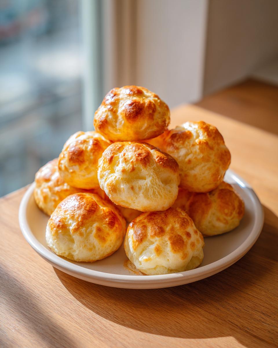 Ein Stapel goldbraun gebackener Butterwölkchen auf einem hellen Teller, beleuchtet durch helles Tageslicht.