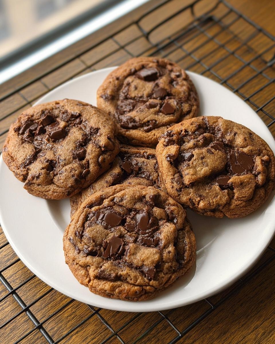 Fünf frisch gebackene, dicke subway cookies mit geschmolzenen Schokoladenstücken auf einem weißen Teller.