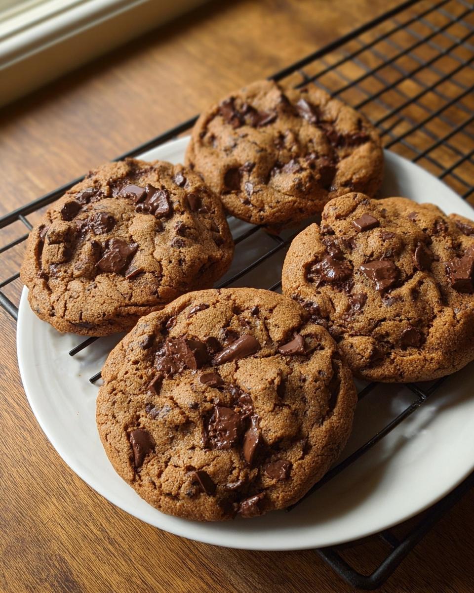 Vier große, weiche subway cookies mit vielen Schokoladenstücken, die auf einem weißen Teller auf einem Kühlrost liegen.