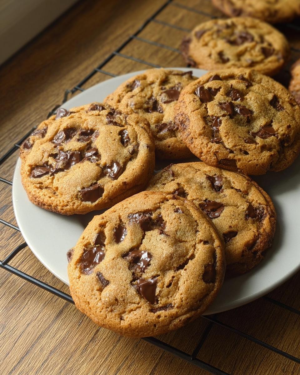 Nahaufnahme von mehreren weichen, goldbraunen subway cookies mit geschmolzenen Schokoladenstücken auf einem Teller.