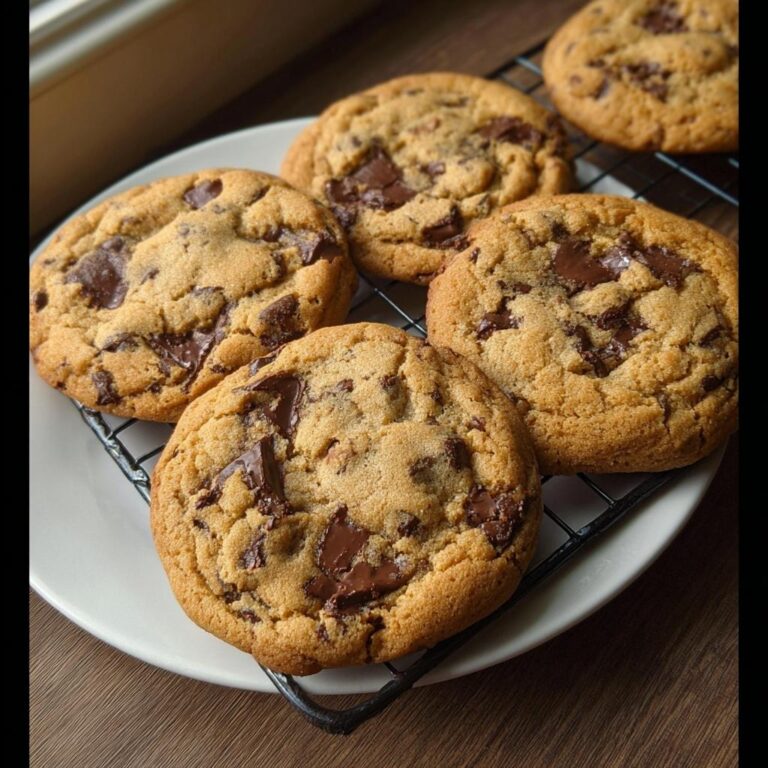Fünf frisch gebackene subway cookies mit großen Stücken dunkler Schokolade auf einem weißen Teller und einem Kühlrost.