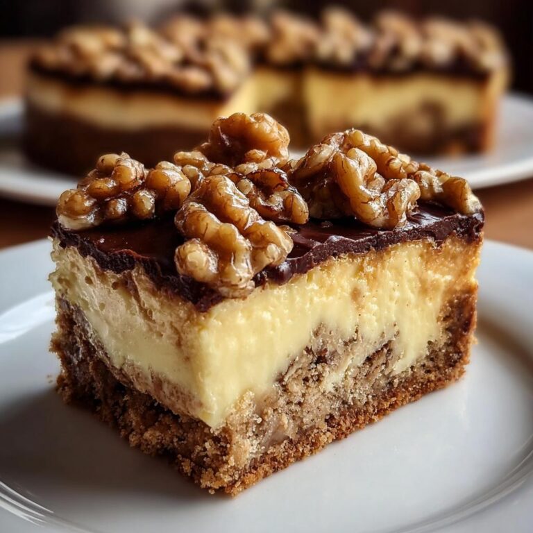 Nahaufnahme eines Stücks Friss dich dumm Kuchen mit Pudding, Schokoladenglasur und Walnüssen.