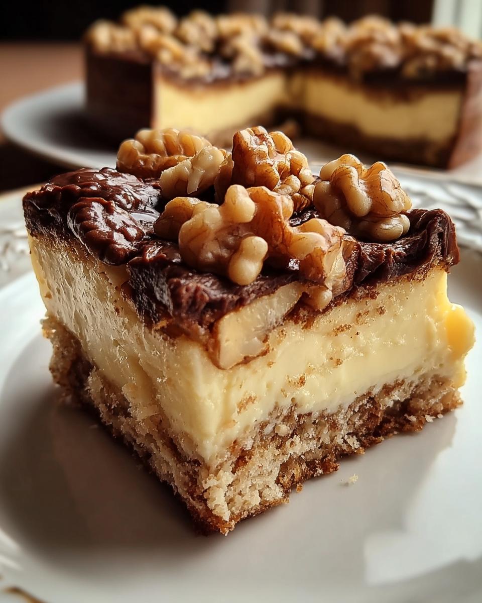 Nahaufnahme eines Stücks Friss dich dumm Kuchen mit Pudding, Schokoladenglasur und Walnüssen.