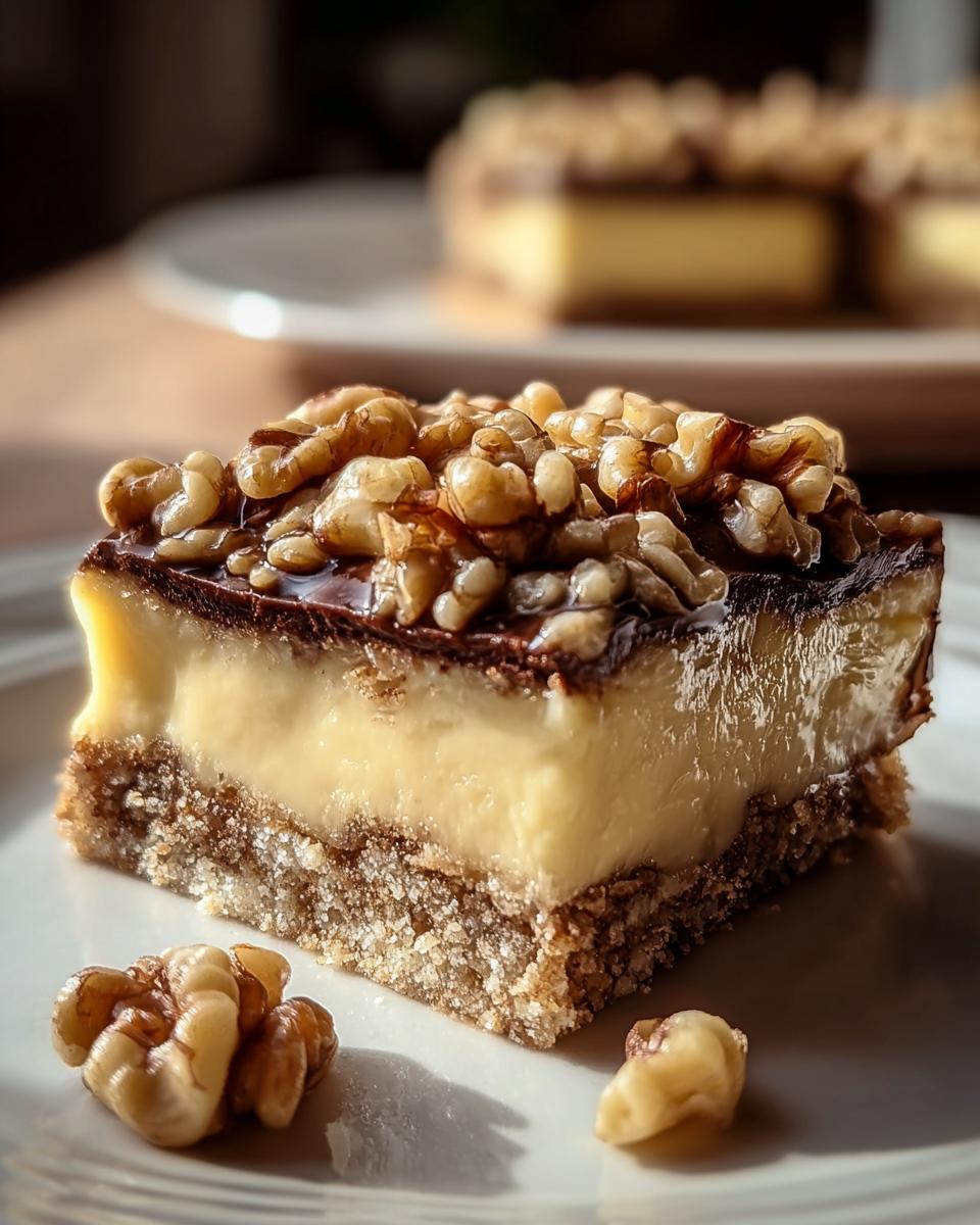 Nahaufnahme eines Stücks Friss dich dumm Kuchen mit Pudding, Schokoladenglasur und Walnüssen.