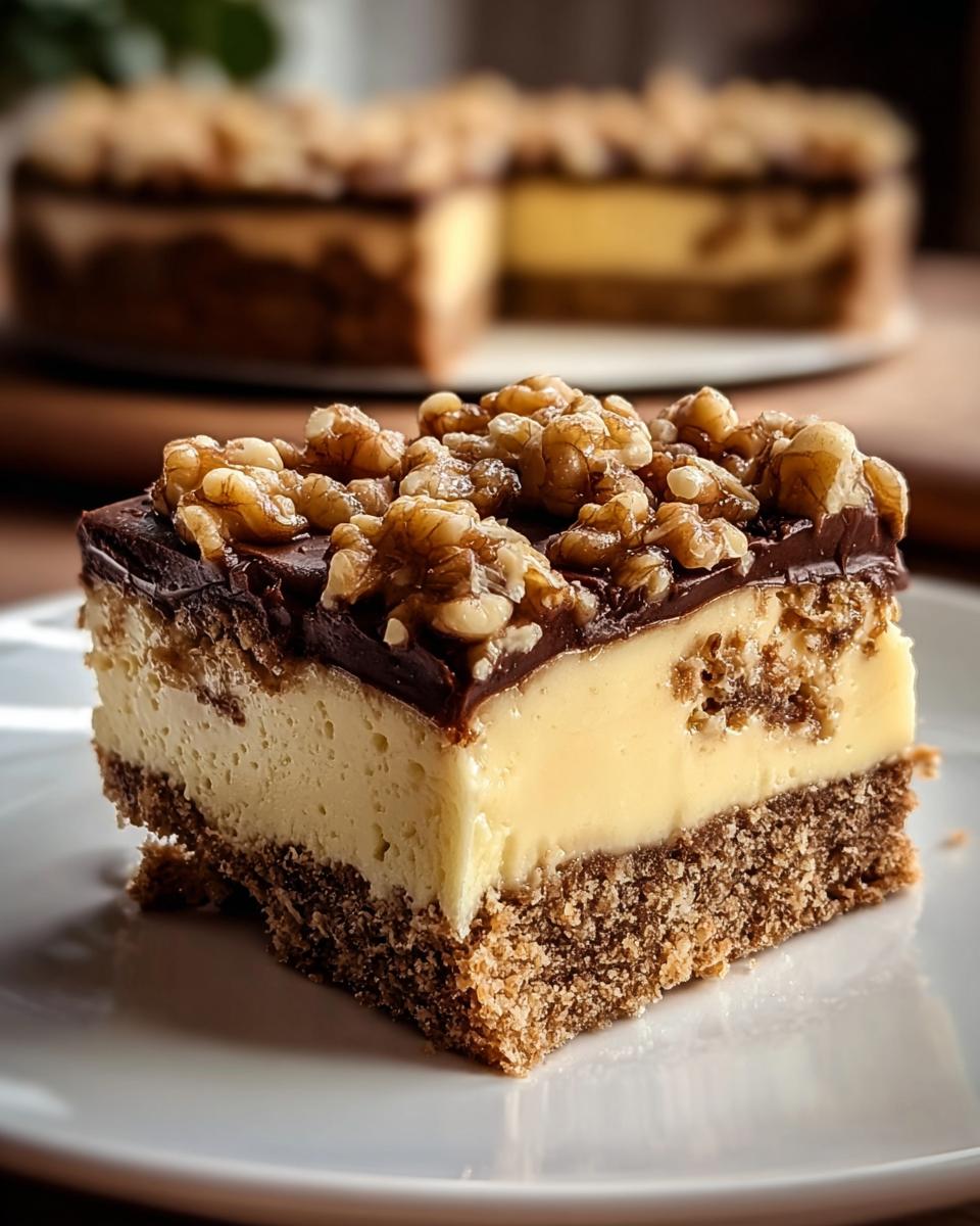 Nahaufnahme eines Stücks Friss dich dumm Kuchen mit Pudding, Schokoladenglasur und Walnüssen.