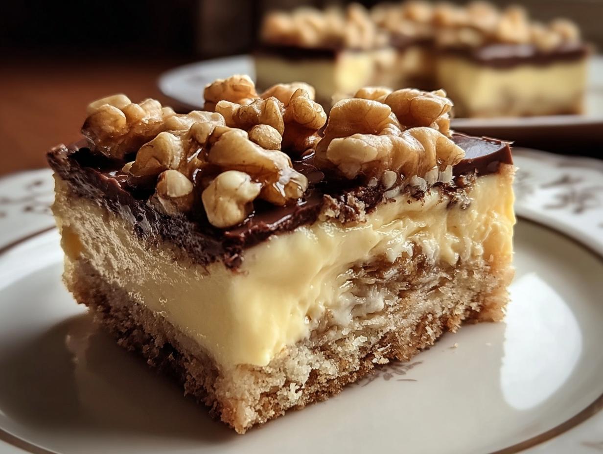 Nahaufnahme eines Stücks Friss dich dumm Kuchen mit Pudding, Schokolade und Walnüssen.