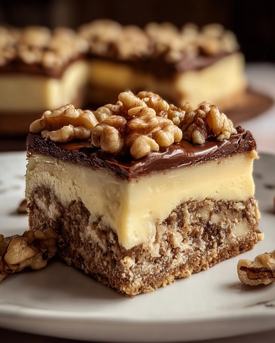 Nahaufnahme eines Stücks Friss dich dumm Kuchen mit Pudding, Schokolade und Walnüssen.