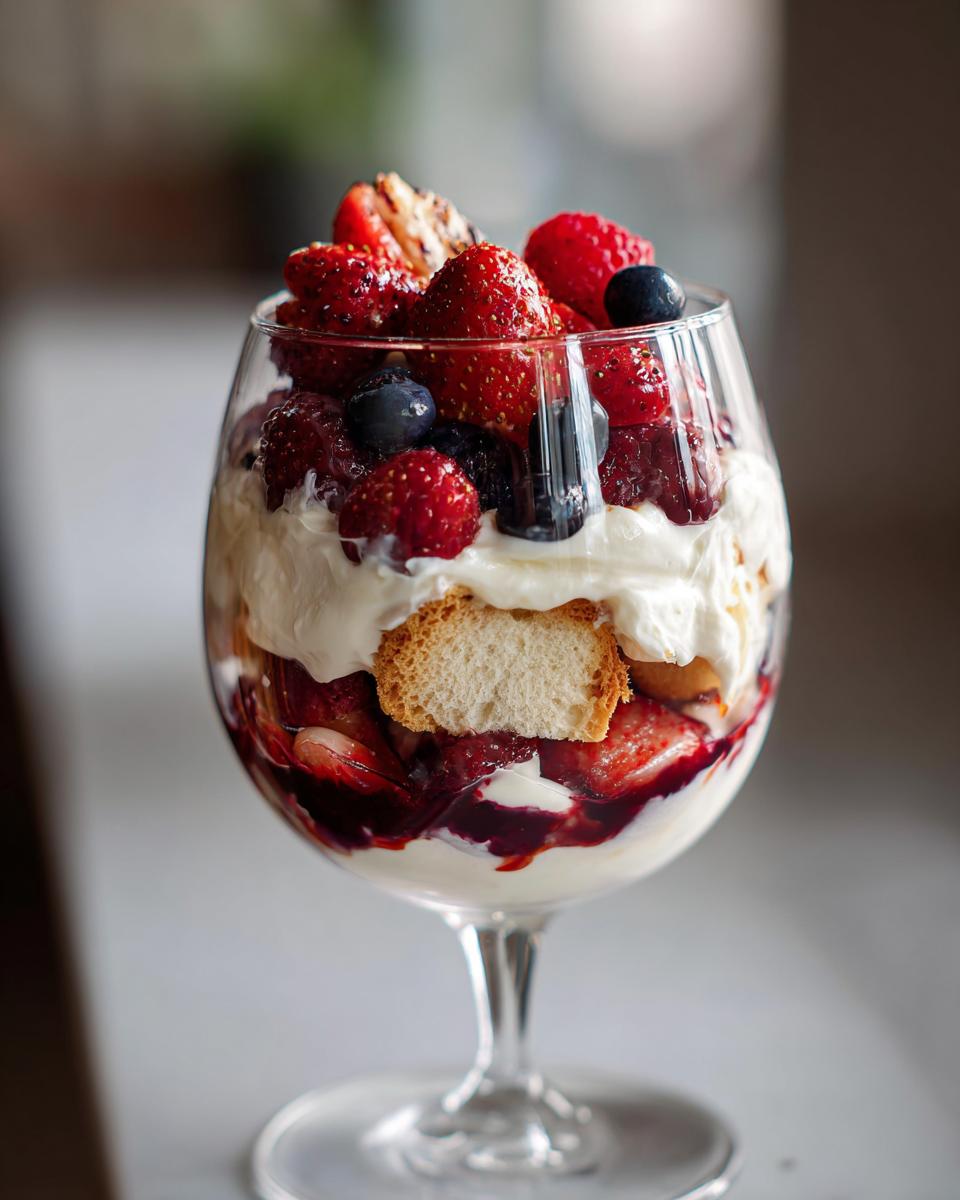Nahaufnahme eines köstlichen Schichtdessert mit Sahne, Beeren und Biskuit im Glas.