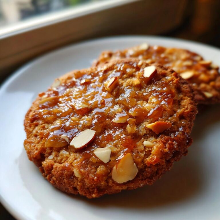 Nahaufnahme von zwei glasierten Gebrannte-Mandel-Plätzchen mit Mandelstücken auf einem weißen Teller.