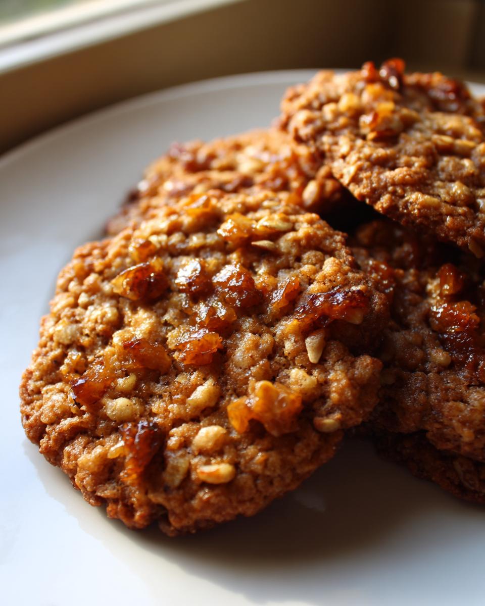 Nahaufnahme von knusprigen Gebrannte-Mandel-Plätzchen mit karamellisierten Mandeln auf einem weißen Teller.