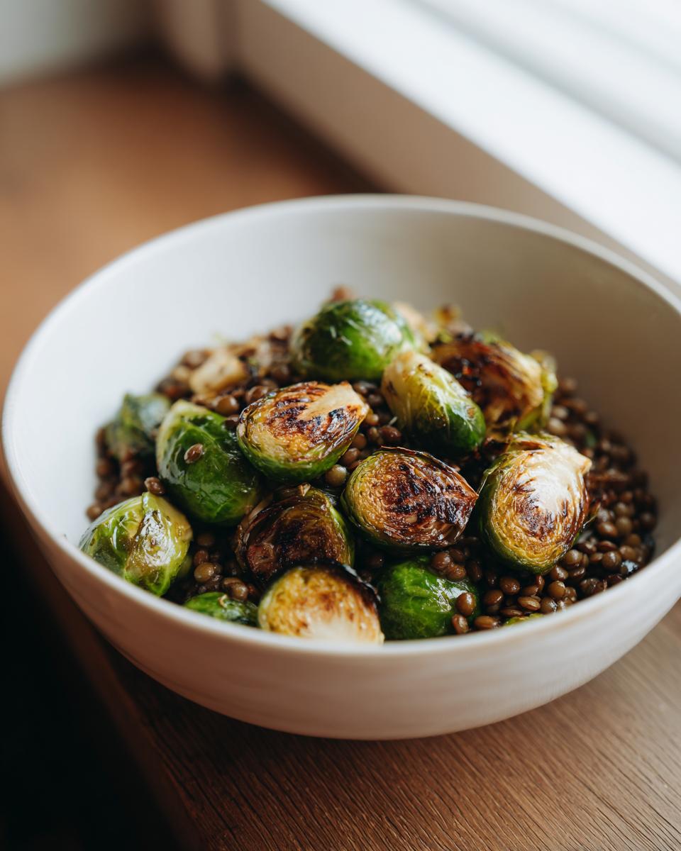 Gebratener Rosenkohl mit Berglinsen in einer weißen Schüssel, appetitlich angerichtet.
