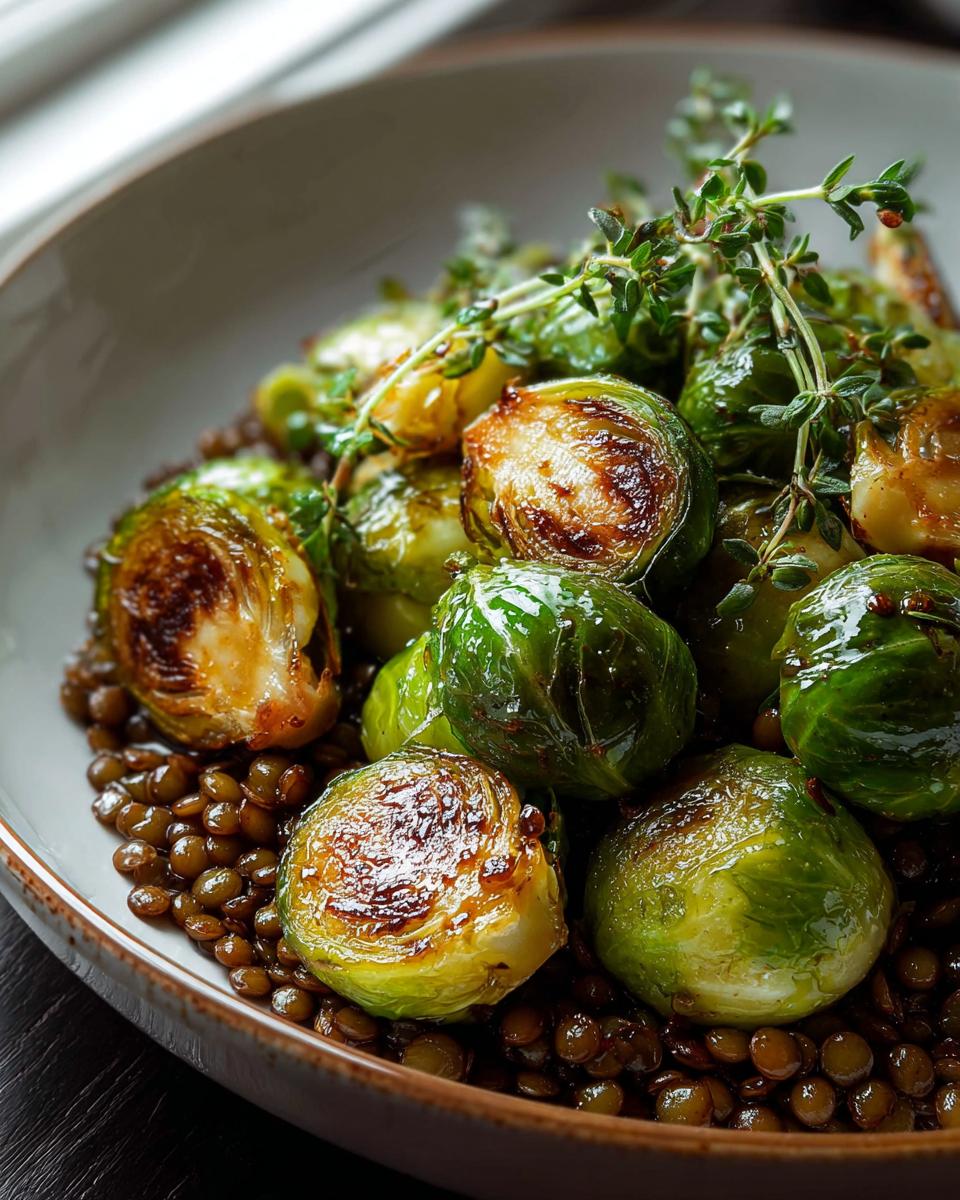 Nahaufnahme von gebratenem Rosenkohl mit Berglinsen und frischem Thymian.